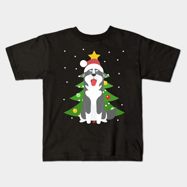 Cool Husky Santa Hat Christmas Tree Doglover Gift Kids T-Shirt by 2blackcherries